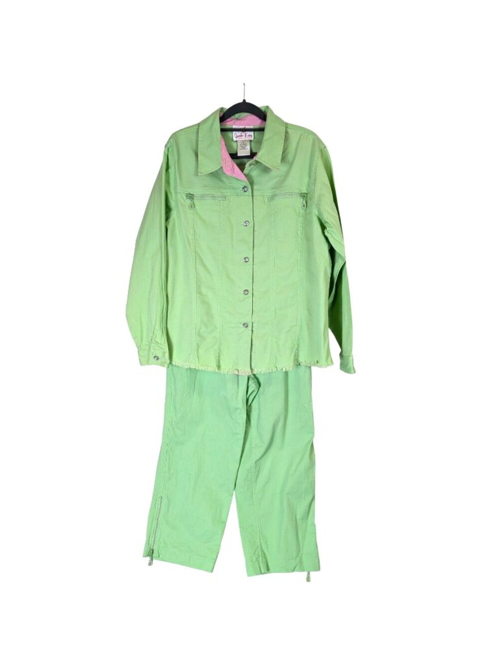 Quacker Factory Large Green Rhinestone Jean Jacket Denim Pants Set Y2K Vintage